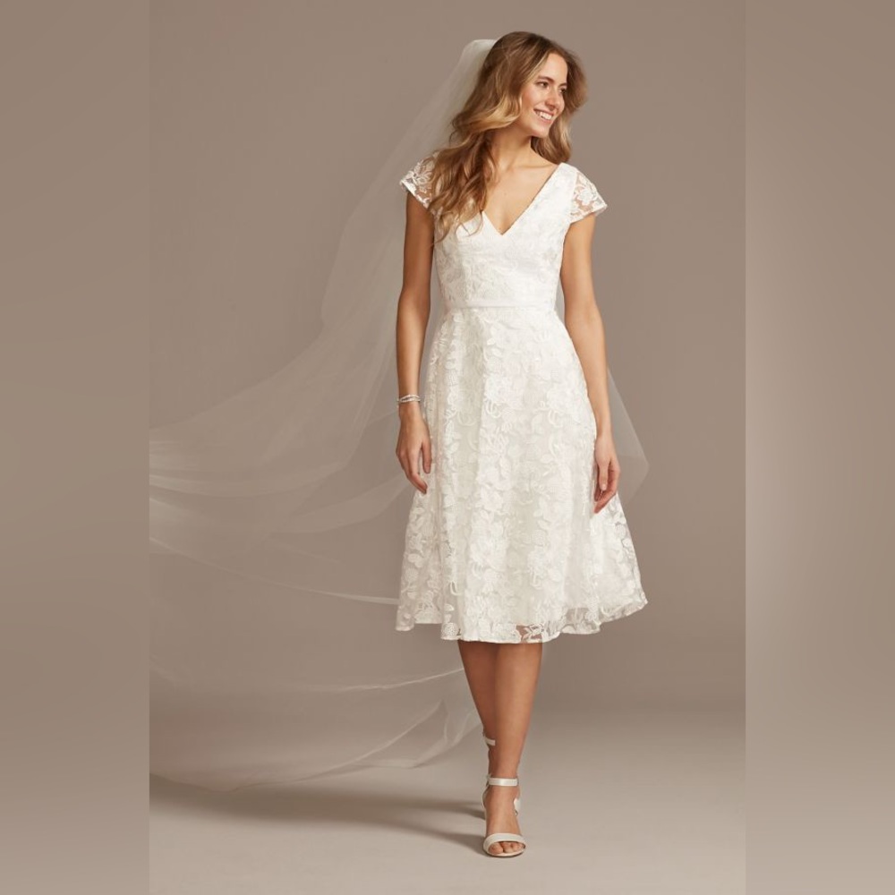 David’s Bridal V-neck embroidered lace cap sleeve a-line wedding dress